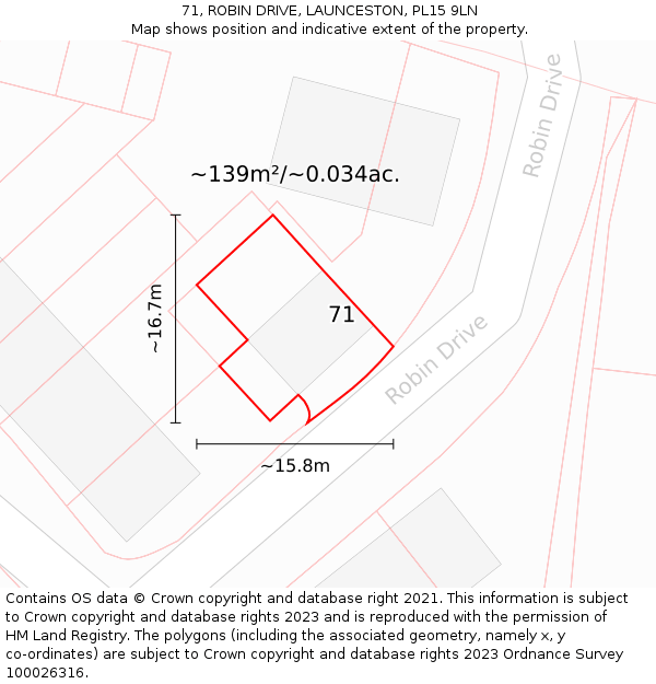 71, ROBIN DRIVE, LAUNCESTON, PL15 9LN: Plot and title map