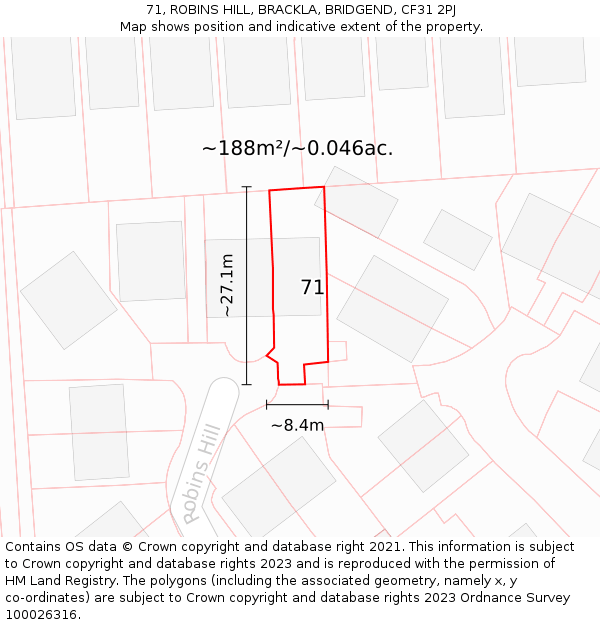 71, ROBINS HILL, BRACKLA, BRIDGEND, CF31 2PJ: Plot and title map