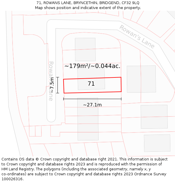 71, ROWANS LANE, BRYNCETHIN, BRIDGEND, CF32 9LQ: Plot and title map
