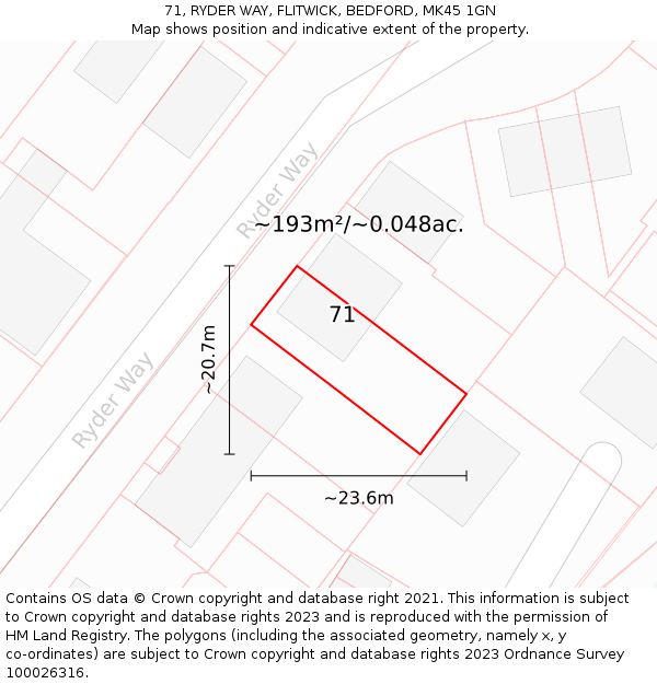71, RYDER WAY, FLITWICK, BEDFORD, MK45 1GN: Plot and title map