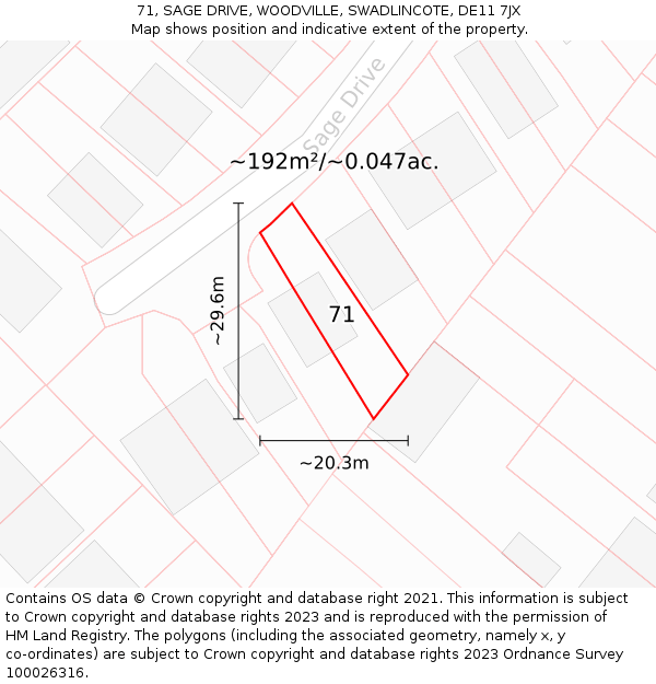 71, SAGE DRIVE, WOODVILLE, SWADLINCOTE, DE11 7JX: Plot and title map