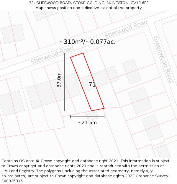 71, SHERWOOD ROAD, STOKE GOLDING, NUNEATON, CV13 6EF: Plot and title map