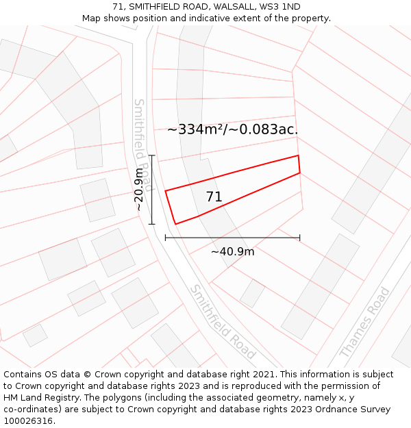 71, SMITHFIELD ROAD, WALSALL, WS3 1ND: Plot and title map