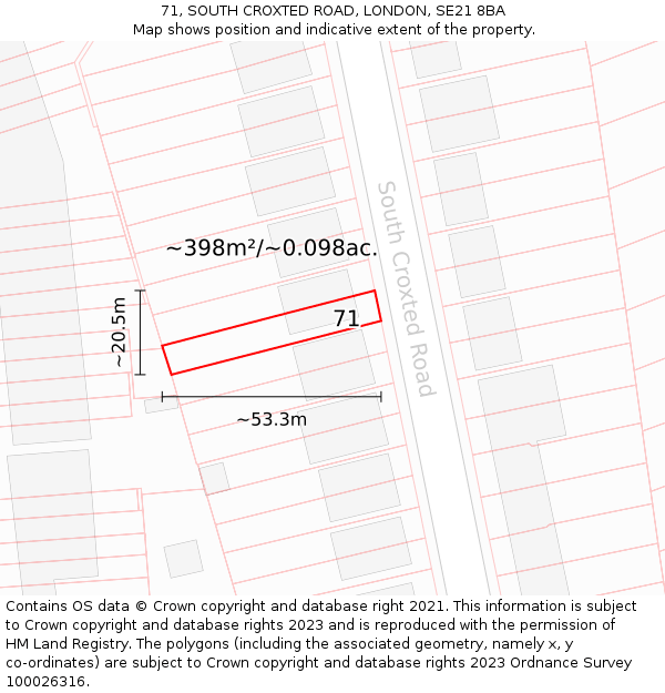 71, SOUTH CROXTED ROAD, LONDON, SE21 8BA: Plot and title map