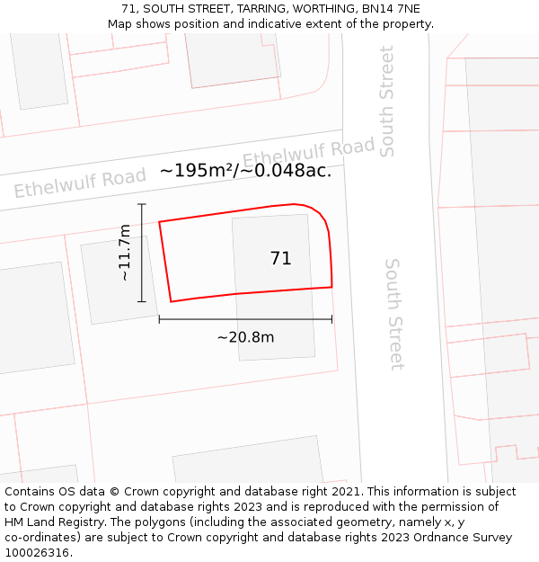 71, SOUTH STREET, TARRING, WORTHING, BN14 7NE: Plot and title map