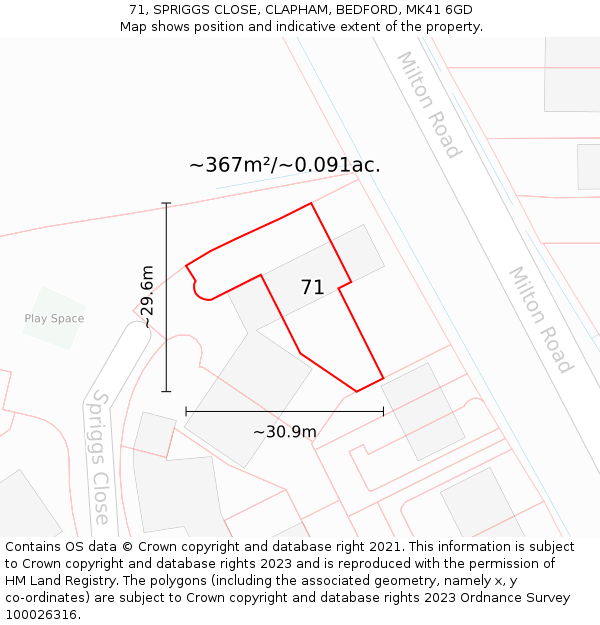 71, SPRIGGS CLOSE, CLAPHAM, BEDFORD, MK41 6GD: Plot and title map