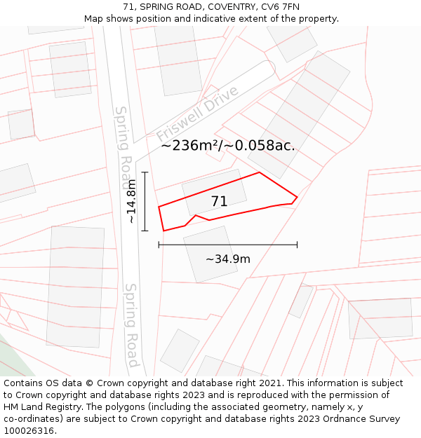 71, SPRING ROAD, COVENTRY, CV6 7FN: Plot and title map