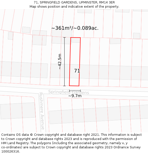 71, SPRINGFIELD GARDENS, UPMINSTER, RM14 3ER: Plot and title map