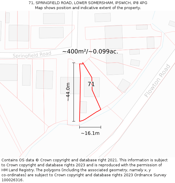 71, SPRINGFIELD ROAD, LOWER SOMERSHAM, IPSWICH, IP8 4PG: Plot and title map