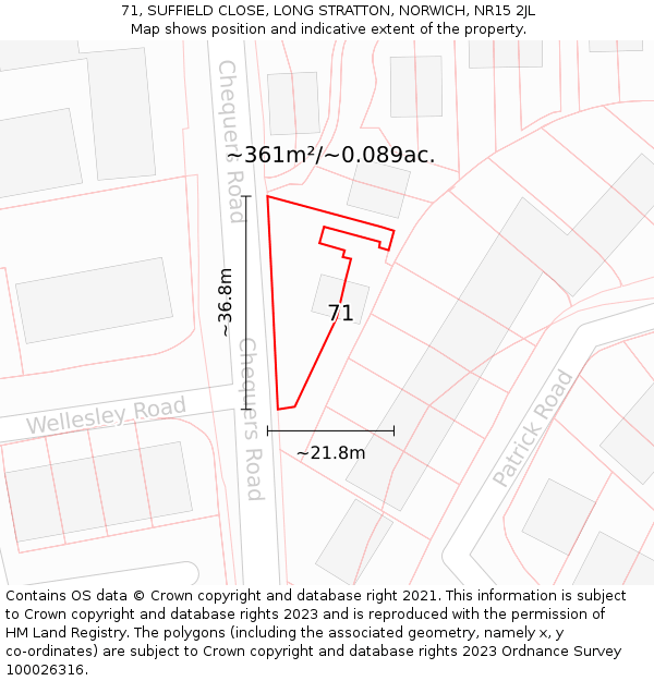 71, SUFFIELD CLOSE, LONG STRATTON, NORWICH, NR15 2JL: Plot and title map
