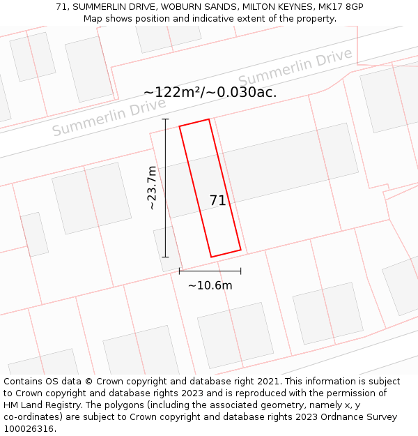 71, SUMMERLIN DRIVE, WOBURN SANDS, MILTON KEYNES, MK17 8GP: Plot and title map