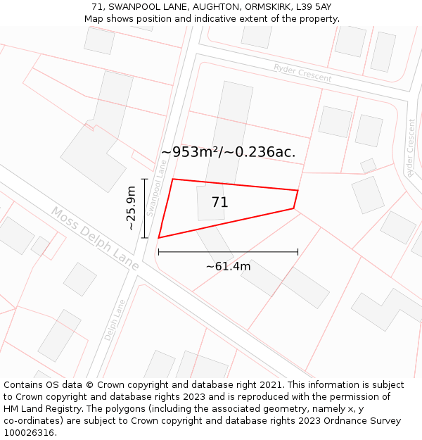 71, SWANPOOL LANE, AUGHTON, ORMSKIRK, L39 5AY: Plot and title map