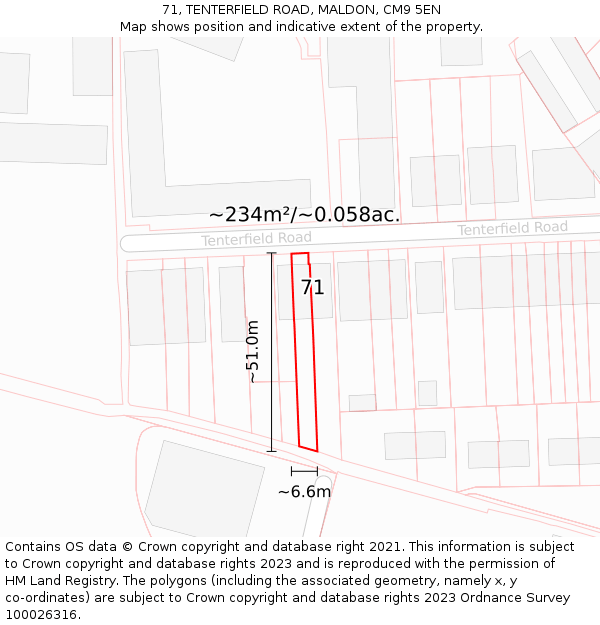 71, TENTERFIELD ROAD, MALDON, CM9 5EN: Plot and title map