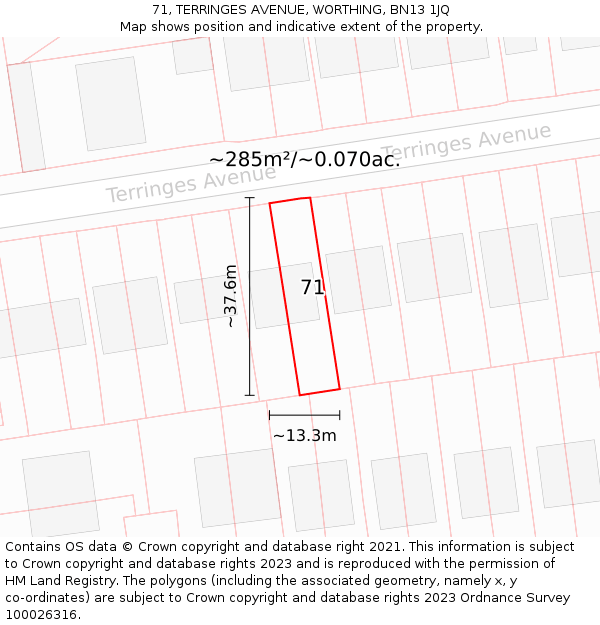 71, TERRINGES AVENUE, WORTHING, BN13 1JQ: Plot and title map