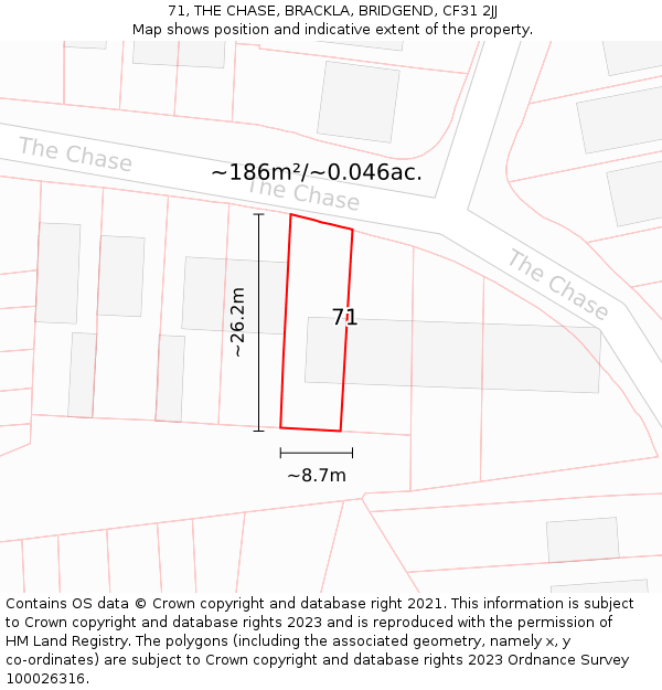 71, THE CHASE, BRACKLA, BRIDGEND, CF31 2JJ: Plot and title map
