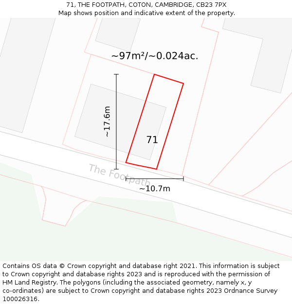 71, THE FOOTPATH, COTON, CAMBRIDGE, CB23 7PX: Plot and title map