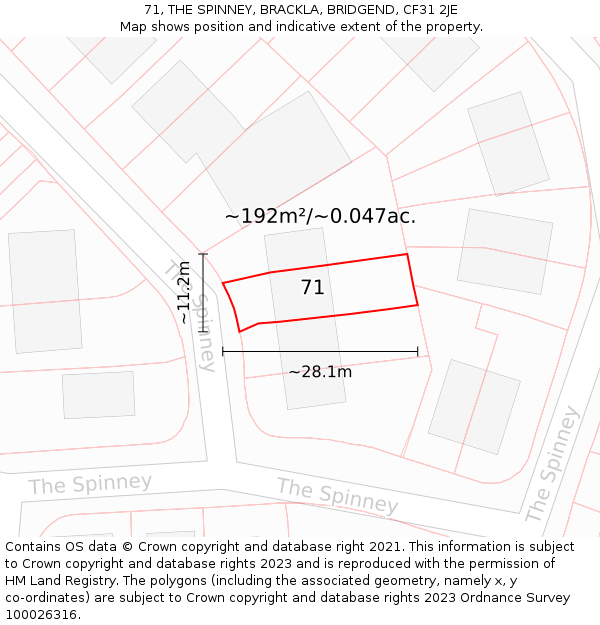 71, THE SPINNEY, BRACKLA, BRIDGEND, CF31 2JE: Plot and title map