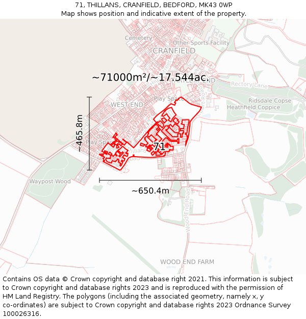 71, THILLANS, CRANFIELD, BEDFORD, MK43 0WP: Plot and title map