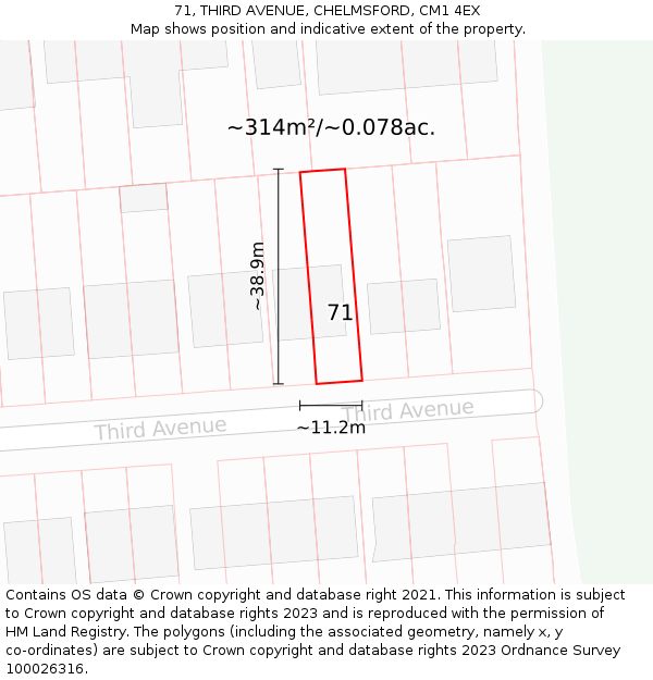 71, THIRD AVENUE, CHELMSFORD, CM1 4EX: Plot and title map