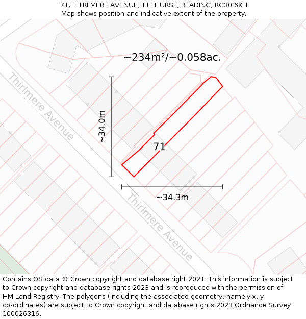 71, THIRLMERE AVENUE, TILEHURST, READING, RG30 6XH: Plot and title map