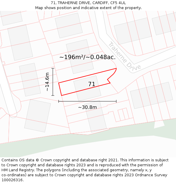 71, TRAHERNE DRIVE, CARDIFF, CF5 4UL: Plot and title map