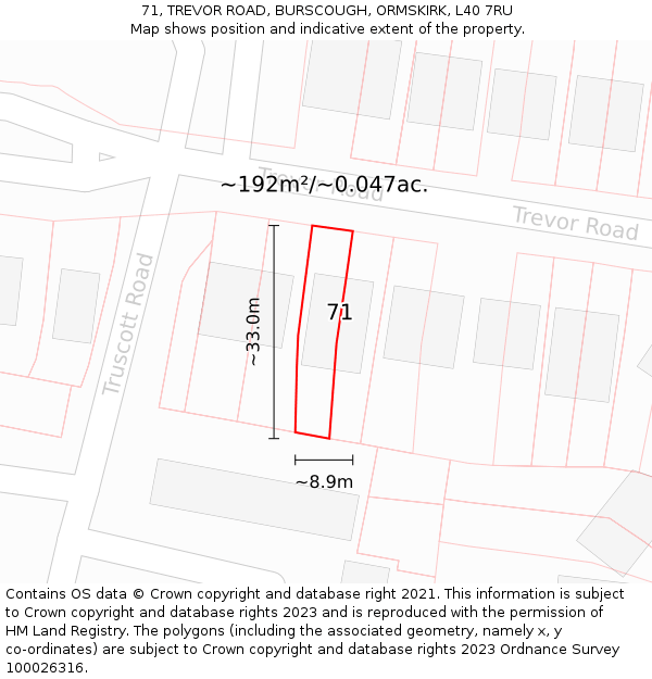 71, TREVOR ROAD, BURSCOUGH, ORMSKIRK, L40 7RU: Plot and title map
