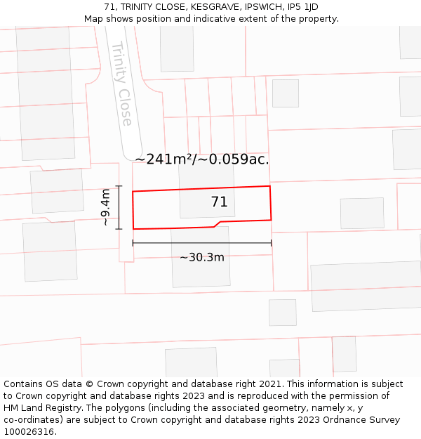 71, TRINITY CLOSE, KESGRAVE, IPSWICH, IP5 1JD: Plot and title map