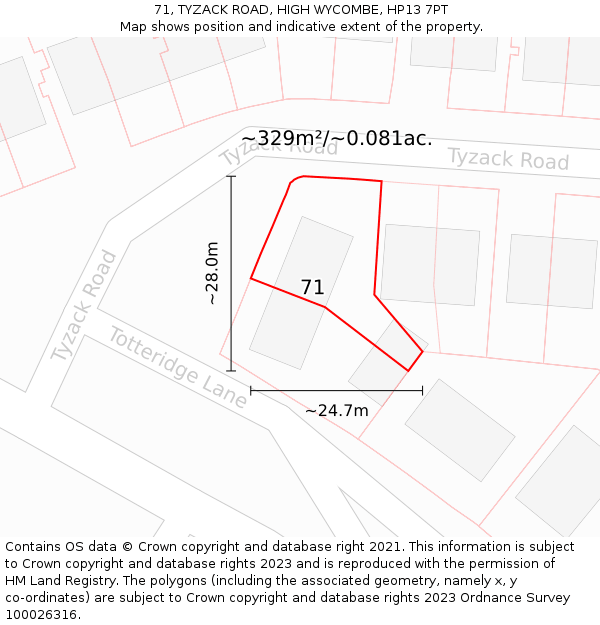 71, TYZACK ROAD, HIGH WYCOMBE, HP13 7PT: Plot and title map