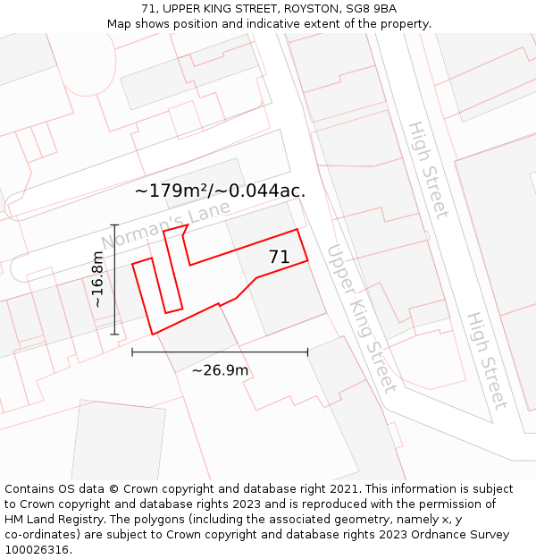 71, UPPER KING STREET, ROYSTON, SG8 9BA: Plot and title map