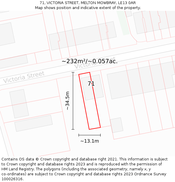 71, VICTORIA STREET, MELTON MOWBRAY, LE13 0AR: Plot and title map