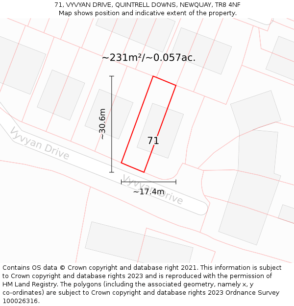 71, VYVYAN DRIVE, QUINTRELL DOWNS, NEWQUAY, TR8 4NF: Plot and title map