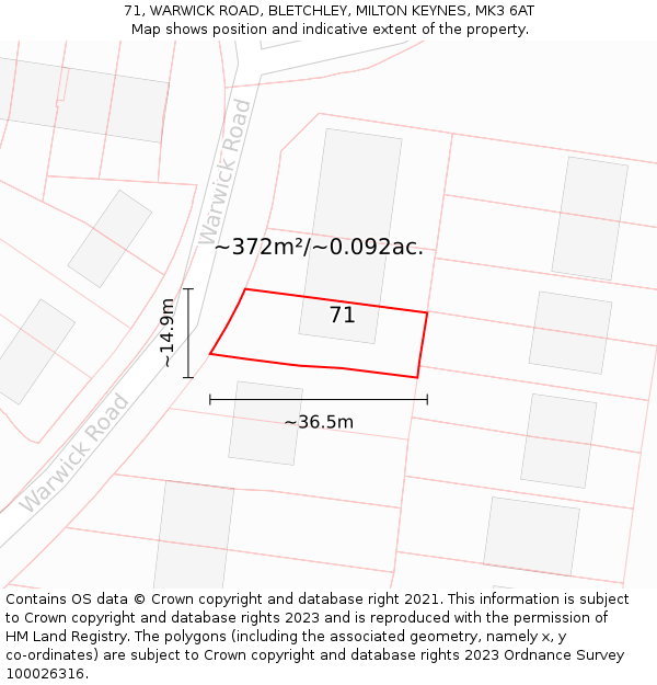 71, WARWICK ROAD, BLETCHLEY, MILTON KEYNES, MK3 6AT: Plot and title map