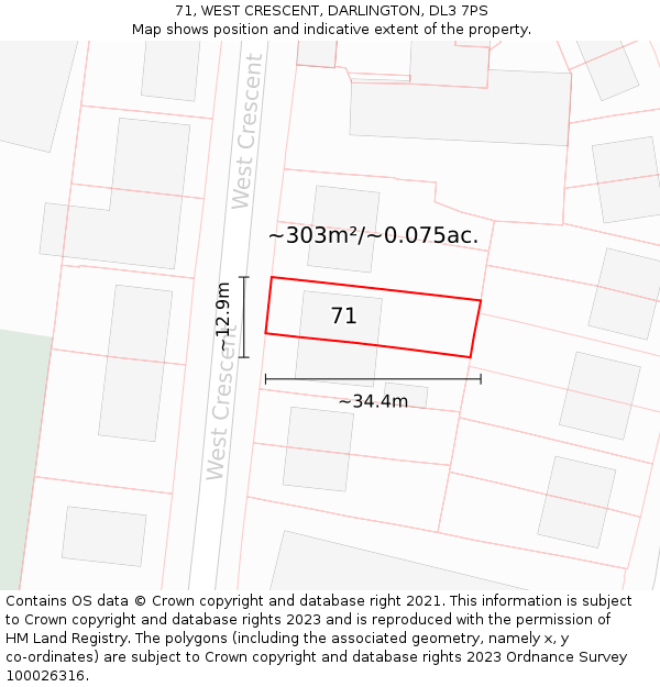 71, WEST CRESCENT, DARLINGTON, DL3 7PS: Plot and title map