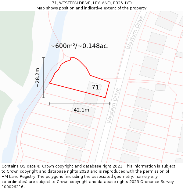 71, WESTERN DRIVE, LEYLAND, PR25 1YD: Plot and title map