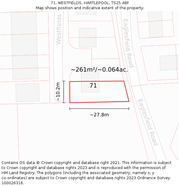 71, WESTFIELDS, HARTLEPOOL, TS25 4BF: Plot and title map