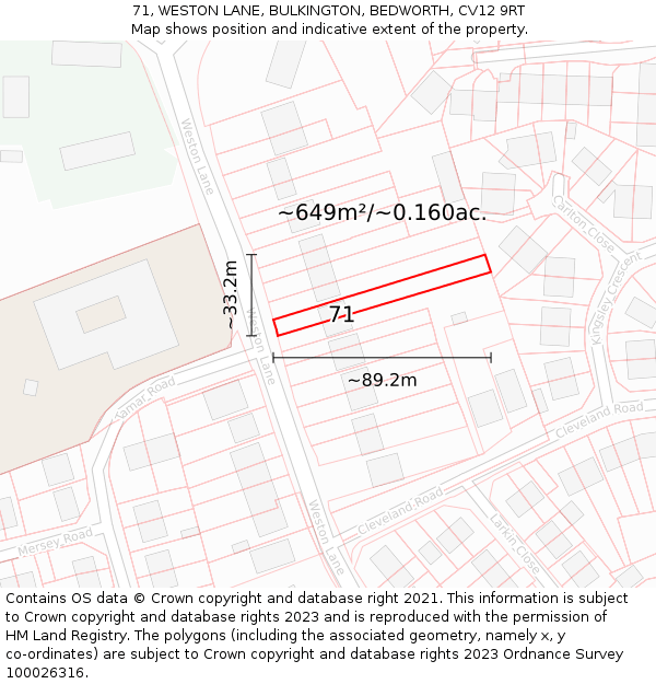 71, WESTON LANE, BULKINGTON, BEDWORTH, CV12 9RT: Plot and title map