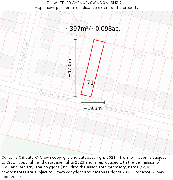 71, WHEELER AVENUE, SWINDON, SN2 7HL: Plot and title map