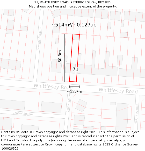 71, WHITTLESEY ROAD, PETERBOROUGH, PE2 8RN: Plot and title map