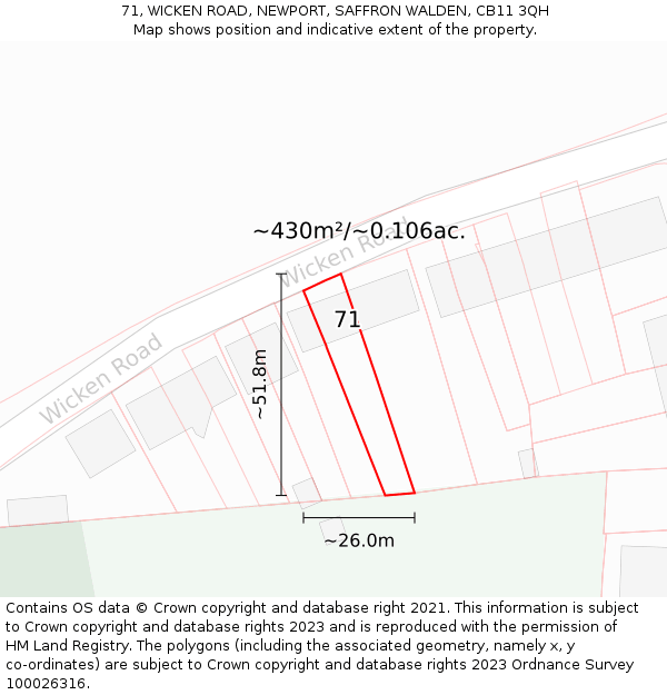 71, WICKEN ROAD, NEWPORT, SAFFRON WALDEN, CB11 3QH: Plot and title map