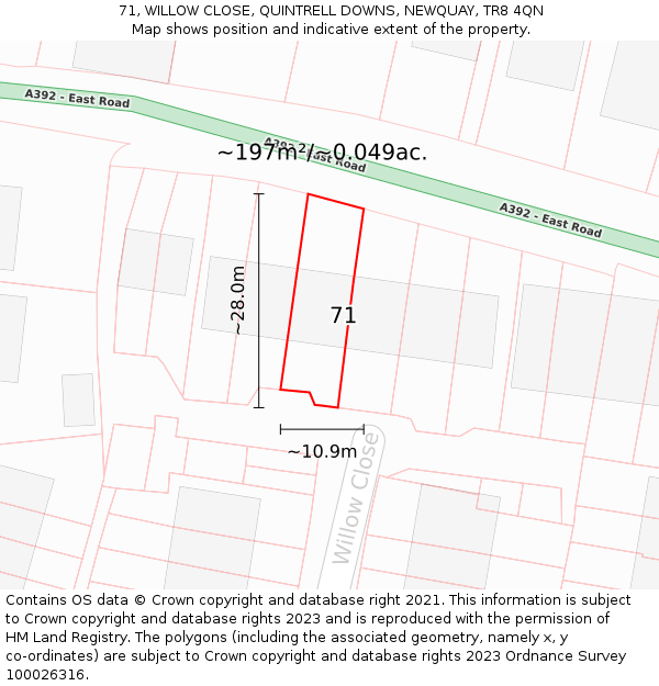 71, WILLOW CLOSE, QUINTRELL DOWNS, NEWQUAY, TR8 4QN: Plot and title map