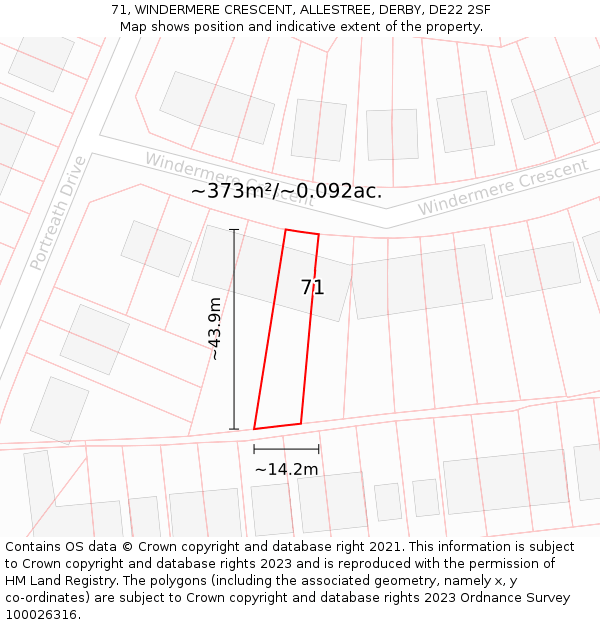 71, WINDERMERE CRESCENT, ALLESTREE, DERBY, DE22 2SF: Plot and title map