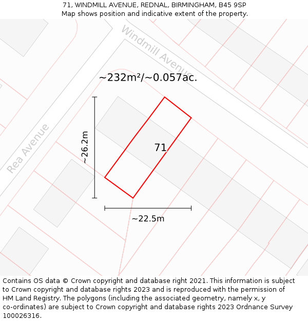 71, WINDMILL AVENUE, REDNAL, BIRMINGHAM, B45 9SP: Plot and title map