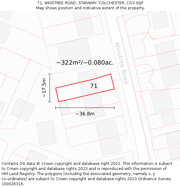 71, WINSTREE ROAD, STANWAY, COLCHESTER, CO3 0QF: Plot and title map