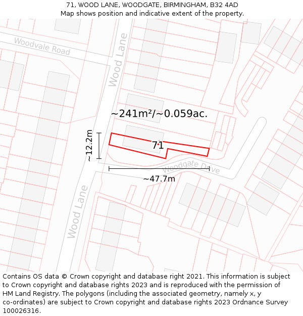 71, WOOD LANE, WOODGATE, BIRMINGHAM, B32 4AD: Plot and title map
