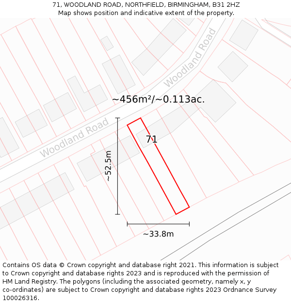 71, WOODLAND ROAD, NORTHFIELD, BIRMINGHAM, B31 2HZ: Plot and title map