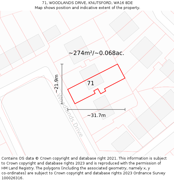 71, WOODLANDS DRIVE, KNUTSFORD, WA16 8DE: Plot and title map