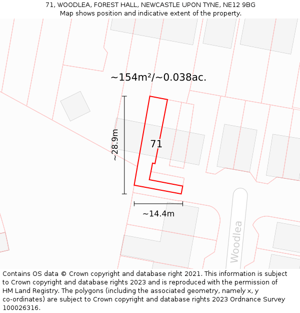 71, WOODLEA, FOREST HALL, NEWCASTLE UPON TYNE, NE12 9BG: Plot and title map