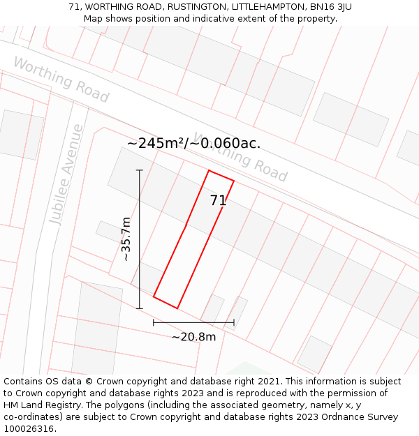 71, WORTHING ROAD, RUSTINGTON, LITTLEHAMPTON, BN16 3JU: Plot and title map