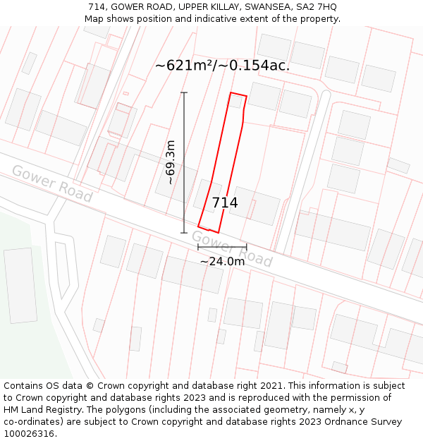 714, GOWER ROAD, UPPER KILLAY, SWANSEA, SA2 7HQ: Plot and title map