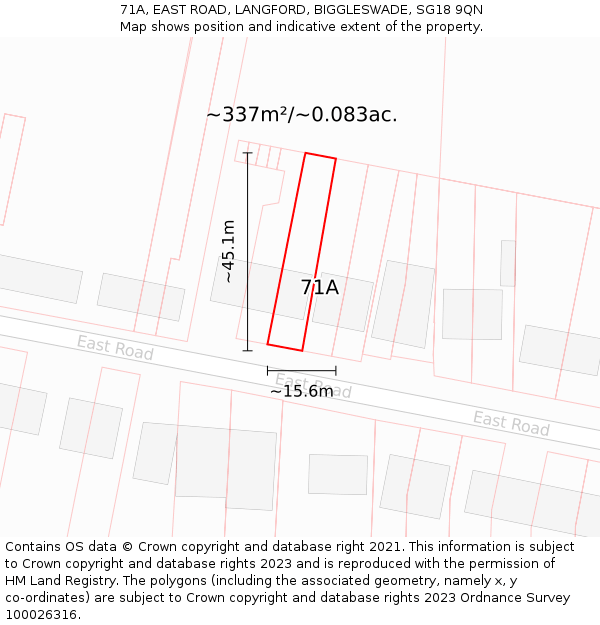 71A, EAST ROAD, LANGFORD, BIGGLESWADE, SG18 9QN: Plot and title map